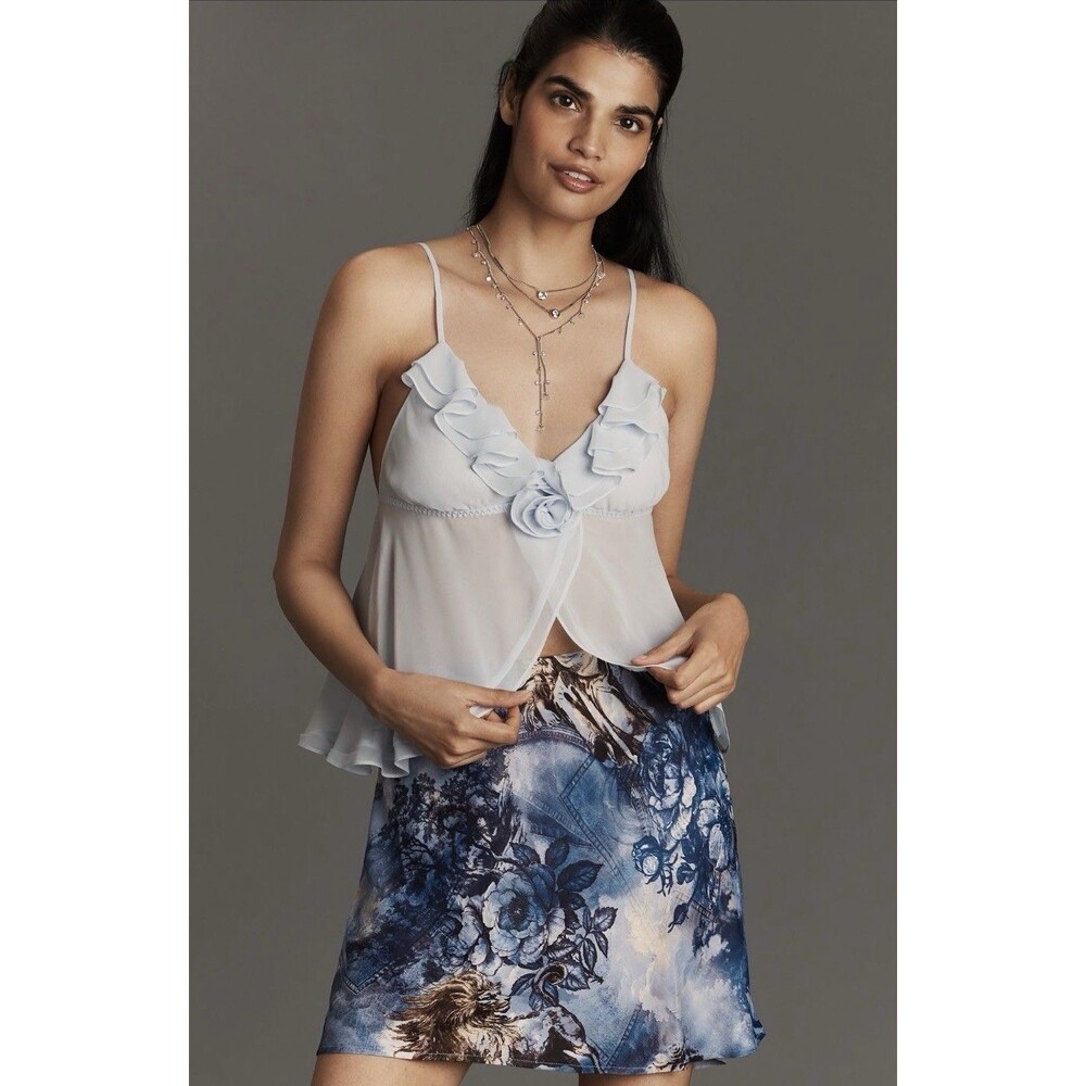 ANTHROPOLOGIE New Tilda Mini Slip Skirt‎ LARGE Blue French Inspired Bias Cut